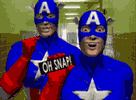 Animated GIF of 3D-generated Captain America parodying a GIF of an old chocolate commercial with the words 'Oh Snap' superimposed onto the chocolate bar packaging.